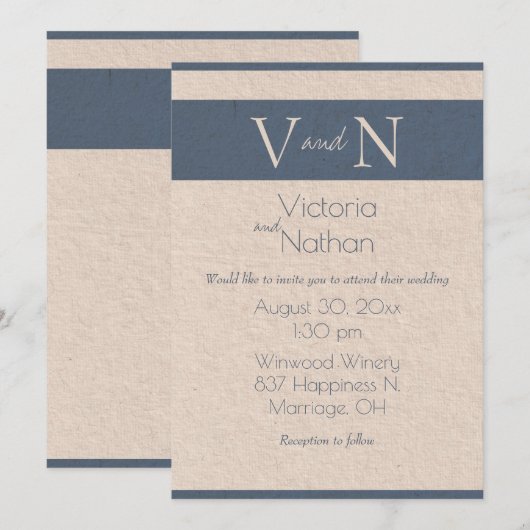 Monogram Blue  Paper Modern Wedding Kaart (Voorkant / Achterkant)