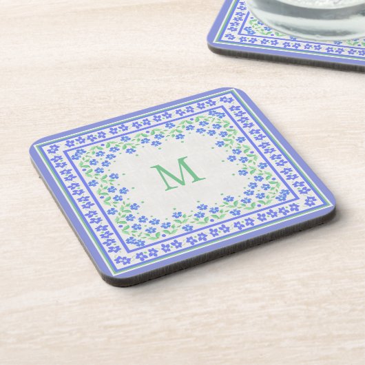 Monogram Blue Periwinkles Floral Border Faux Linen Bier Onderzetter (Linkerzijde)