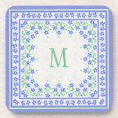 Monogram Blue Periwinkles Floral Border Faux Linen Bier Onderzetter (Voorkant)