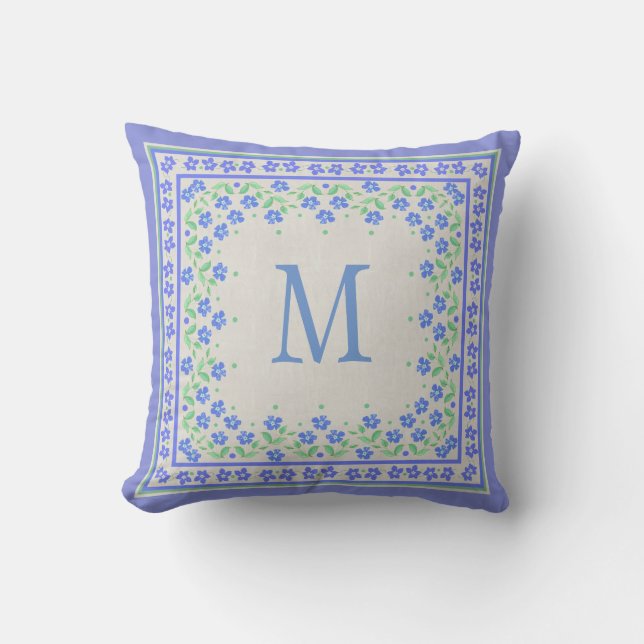 Monogram Blue Periwinkles Floral Border Faux Linen Kussen (Voorkant)