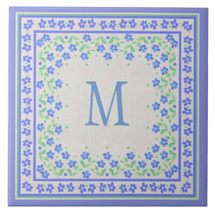 Monogram Blue Periwinkles Floral Border Faux Linen Tegeltje