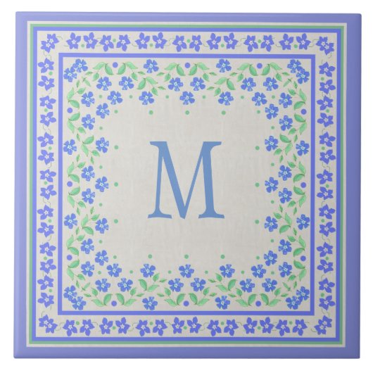 Monogram Blue Periwinkles Floral Border Faux Linen Tegeltje (Voorkant)