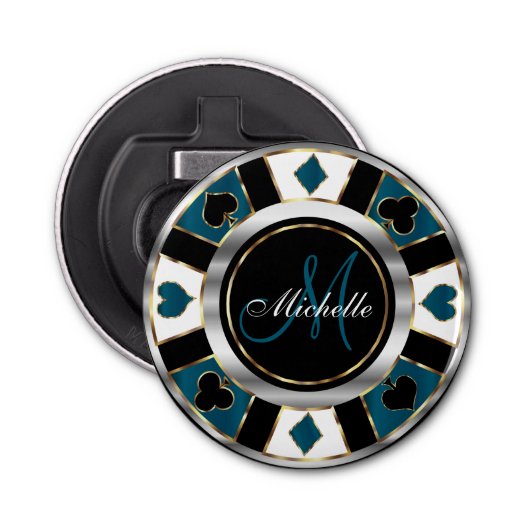 Monogram Blue Poker Chip Button Flesopener (Voorkant)