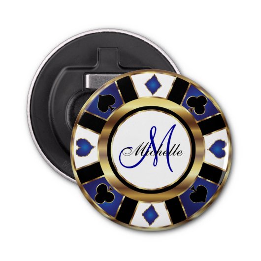 Monogram Blue Poker Chip Design Button Flesopener (Voorkant)