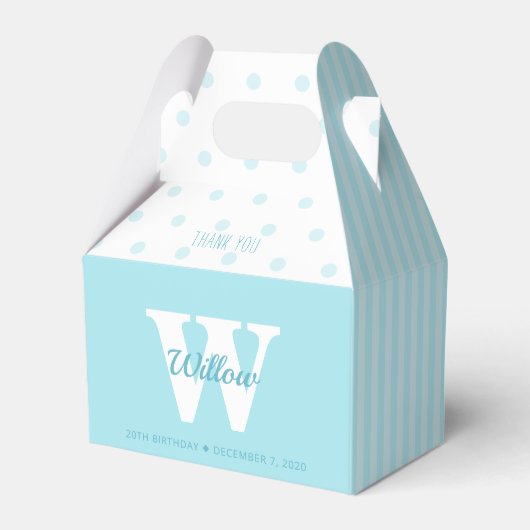 Monogram Blue Polka Dots Stripes Gable Favor Box Bedankdoosjes (Voorkant Zijde)