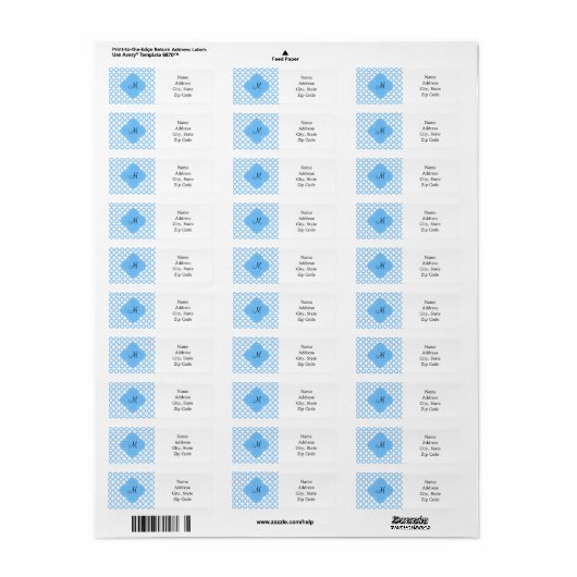 Monogram Blue Quatrefoil Patroon Etiket (Full Sheet)
