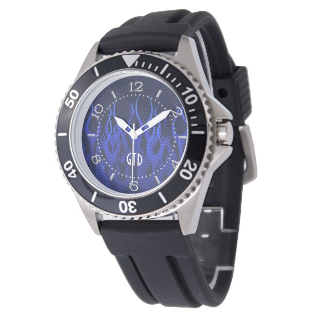 Monogram Blue Racing Flames op koolstofvezel Afdru Horloge (Gekanteld)