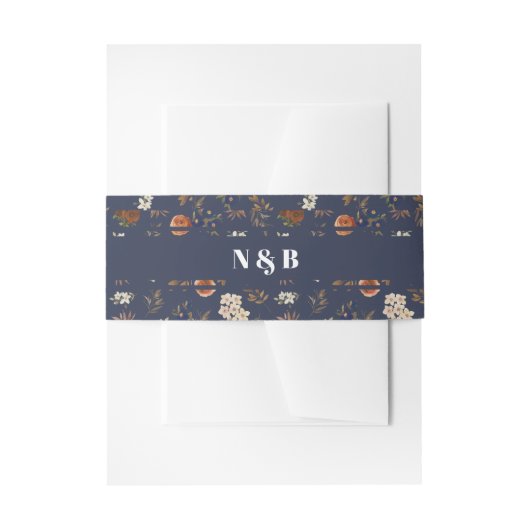 Monogram Blue Rust Floral Wedding Uitnodigingen Wikkel (Voorkant Voorbeeld)
