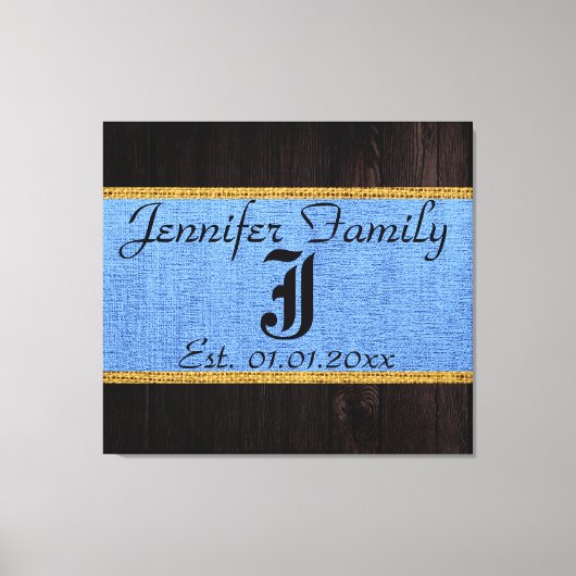 Monogram Blue Rustic Burlap Linen Wood Kijk uit Canvas Afdruk (Voorkant)