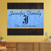 Monogram Blue Rustic Burlap Linen Wood Kijk uit Canvas Afdruk (Insitu (Woonkamer))