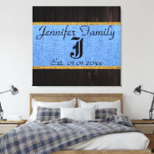 Monogram Blue Rustic Burlap Linen Wood Kijk uit Canvas Afdruk (Insitu (Slaapkamer))