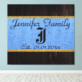 Monogram Blue Rustic Burlap Linen Wood Kijk uit Canvas Afdruk (Insitu (Houten vloer))