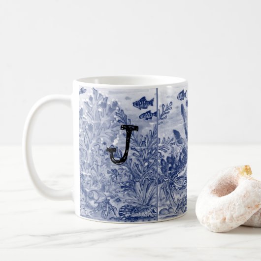 Monogram Blue Sealife Ocean Coastal Beachy Unique Koffiemok (Met donut)
