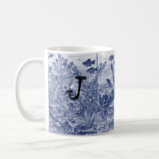 Monogram Blue Sealife Ocean Coastal Beachy Unique Koffiemok (Links)