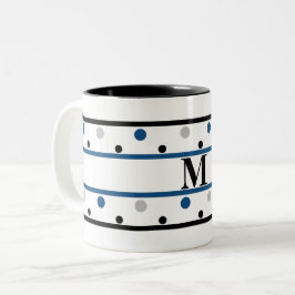 Monogram Blue Silver Black Polka Dots Tweekleurige Koffiemok