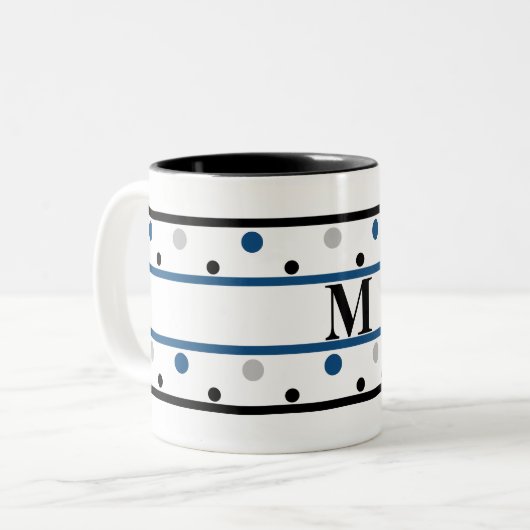Monogram Blue Silver Black Polka Dots Tweekleurige Koffiemok (Voorkant links)
