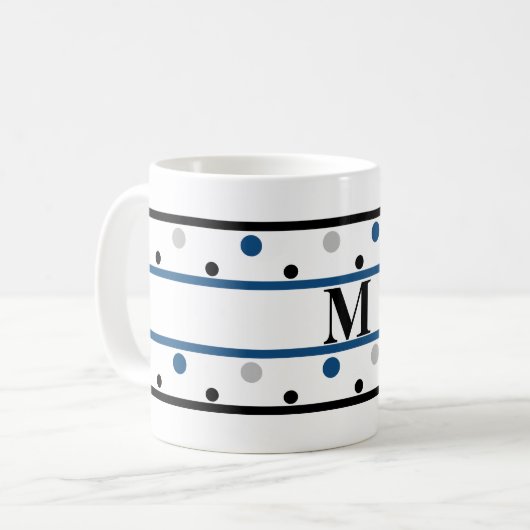 Monogram Blue Silver Black Polka Dots Tweekleurige Koffiemok (Voorkant links)