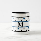 Monogram Blue Silver Black Polka Dots Tweekleurige Koffiemok (Center)