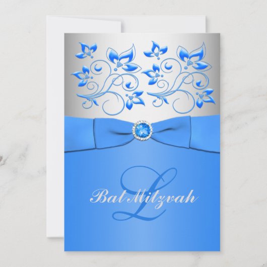 Monogram Blue Silver Floral Bat Mitzvah Uitnodigin Kaart (Voorkant)