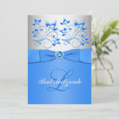 Monogram Blue Silver Floral Bat Mitzvah Uitnodigin Kaart (Staand voorkant)