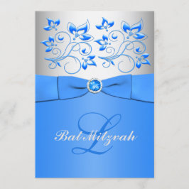 Monogram Blue Silver Floral Bat Mitzvah Uitnodigin Kaart