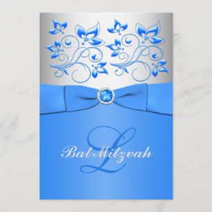 Monogram Blue Silver Floral Bat Mitzvah Uitnodigin Kaart