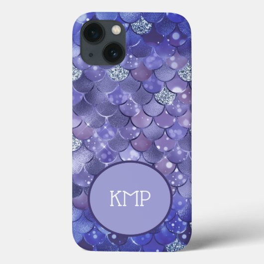 Monogram Blue Silver Glitter Mermaid Scales Case-Mate iPhone Case (Achterkant)