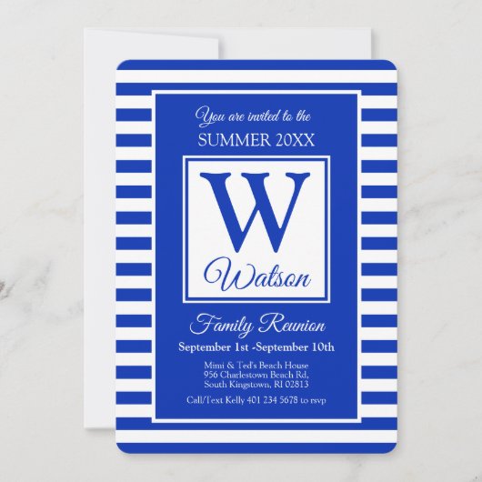 Monogram Blue Stripes Summer Family Reunion Kaart (Voorkant)