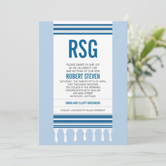 Monogram Blue Tallit Bar Mitzvah Kaart (Staand voorkant)