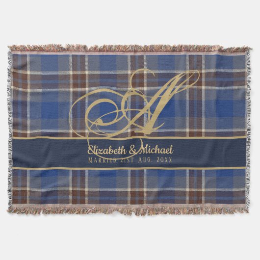 Monogram Blue Tartan Passen getrouwd Weddenschap Deken (Voorkant)