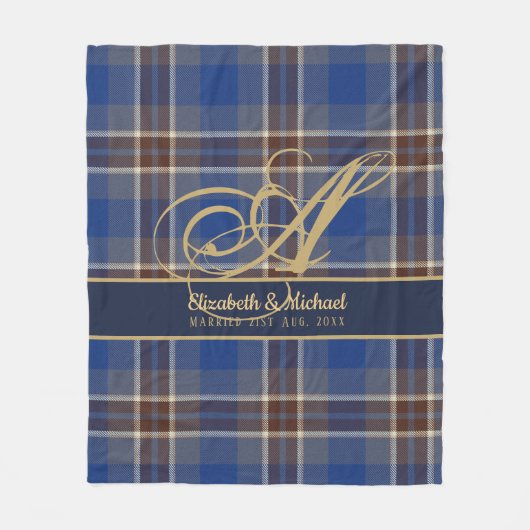 Monogram Blue Tartan Passen getrouwd Weddenschap Fleece Deken (Voorkant)