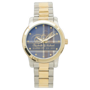 Monogram Blue Tartan Passen getrouwd Weddenschap Horloge