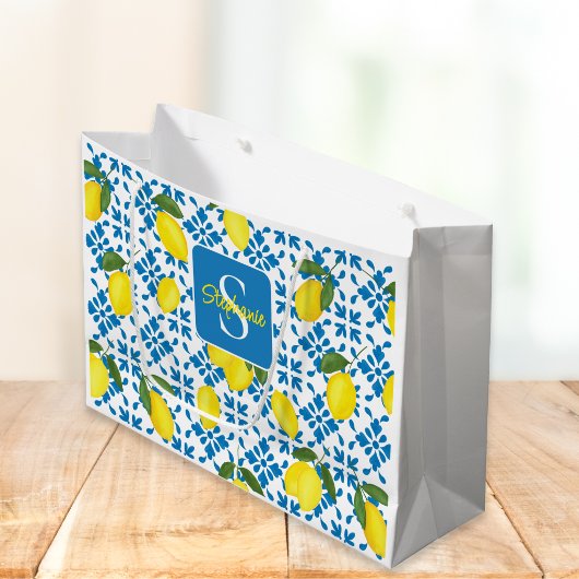 Monogram Blue Tile French Country Lemon Pattern  Groot Cadeauzakje