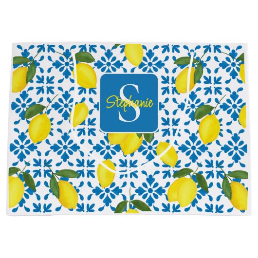 Monogram Blue Tile French Country Lemon Pattern Groot Cadeauzakje (Voorkant)
