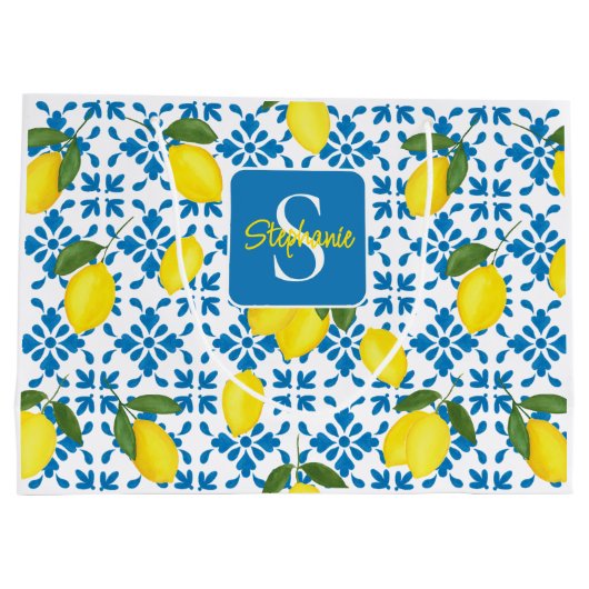 Monogram Blue Tile French Country Lemon Pattern Groot Cadeauzakje (Achterkant)