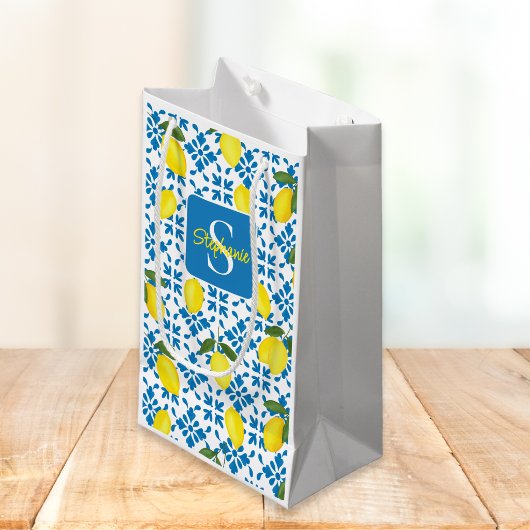 Monogram Blue Tile French Country Lemon Pattern Klein Cadeauzakje