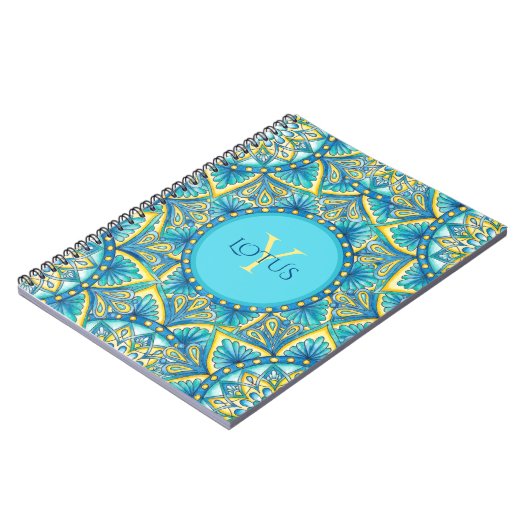 Monogram Blue Turquoise Floral Mandala Pattern Notitieboek (Linkerzijde)