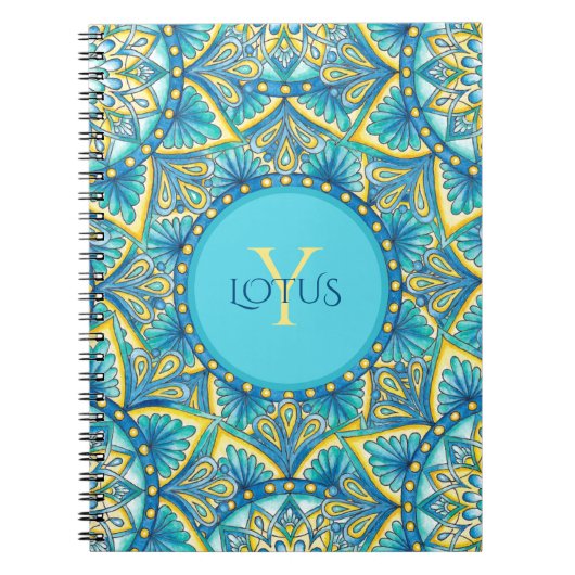 Monogram Blue Turquoise Floral Mandala Pattern Notitieboek (Voorkant)