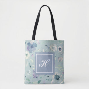 Monogram Blue Violet Waterverf Floral Patroon Tote Bag