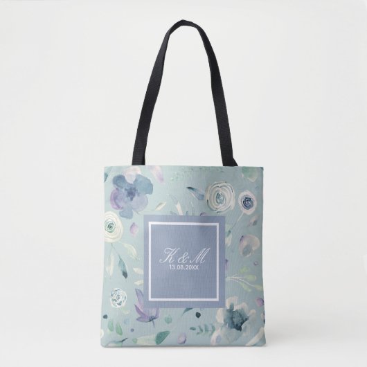 Monogram Blue Violet Waterverf Floral Patroon Tote Bag (Voorkant)