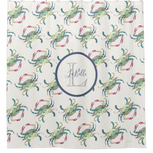 Monogram Blue Waterverf Crab Coastal Douchegordijn (Voorkant)