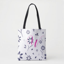 Monogram Blue Waterverf Flower Pattern Tote Bag