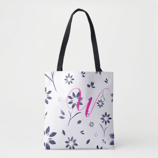 Monogram Blue Waterverf Flower Pattern Tote Bag (Voorkant)