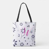 Monogram Blue Waterverf Flower Pattern Tote Bag (Achterkant)