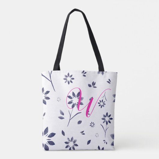 Monogram Blue Waterverf Flower Pattern Tote Bag (Achterkant)