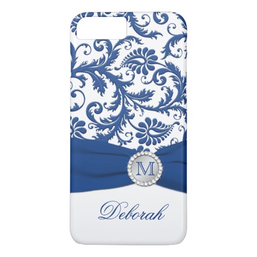 Monogram Blue, White Damask iPhone 7 Hoesje (Achterkant)