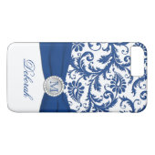 Monogram Blue, White Damask iPhone 7 Hoesje (Achterkant (Horizontaal))