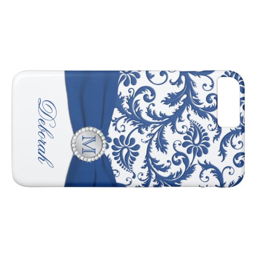 Monogram Blue, White Damask iPhone 7 Hoesje (Achterkant (Horizontaal))