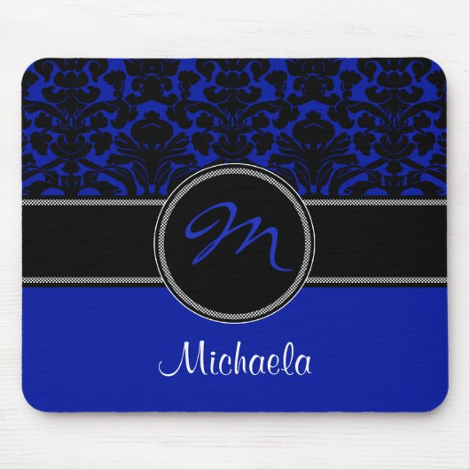 Monogram Blue White Damask Mousepad Muismat (Voorkant)