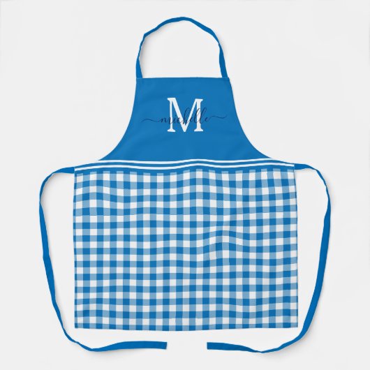 Monogram Blue White Gingham Navy Name Schort (Voorkant)